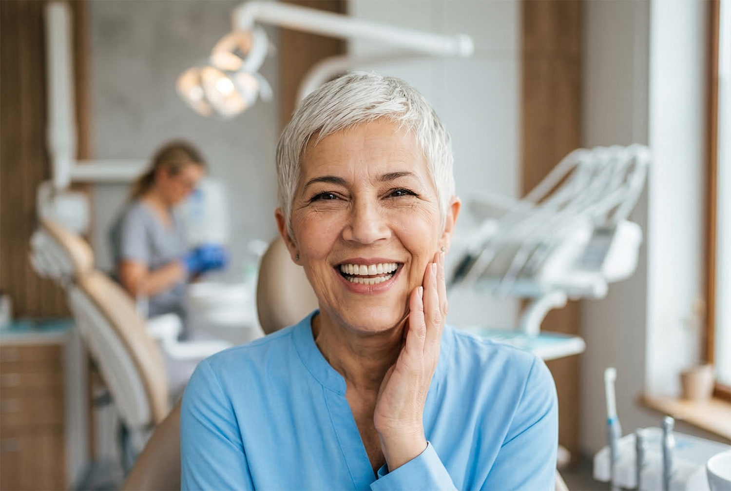 Kobieta uśmiecha się w gabinecie stomatologicznym